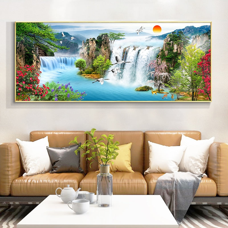 CORX Designs - Waterfall Lake Bird Sunset Landscape Painting Canvas Art - Review