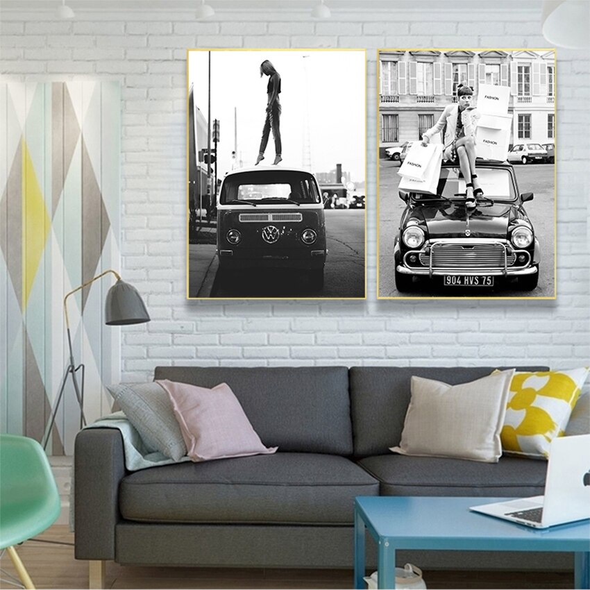 CORX Designs - Black and White Vintage Retro Car Fashion Girl Canvas Art - Review