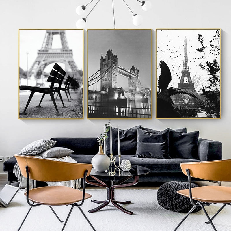CORX Designs - Black and White Brooklyn Bridge London Bridge Eiffel Tower Canvas Art - Review