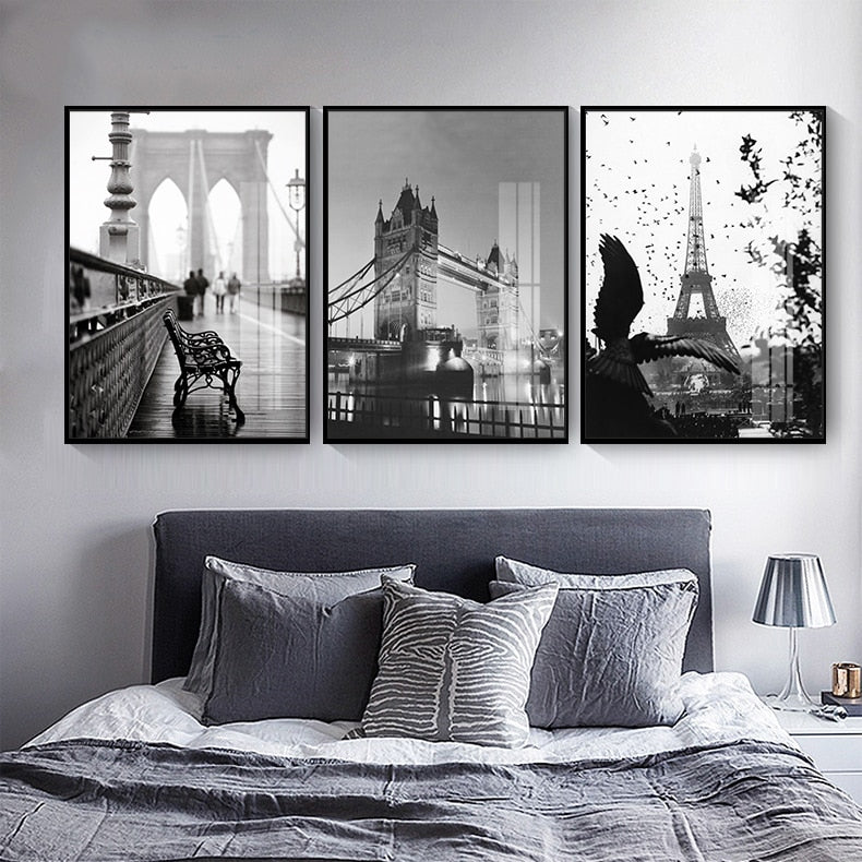 CORX Designs - Black and White Brooklyn Bridge London Bridge Eiffel Tower Canvas Art - Review