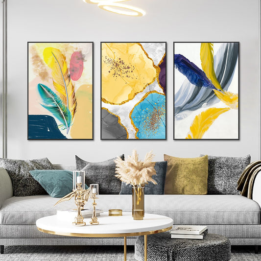 CORX Designs - 3 Panel Abstract Yellow Blue Feather Wall Art Canvas - Review