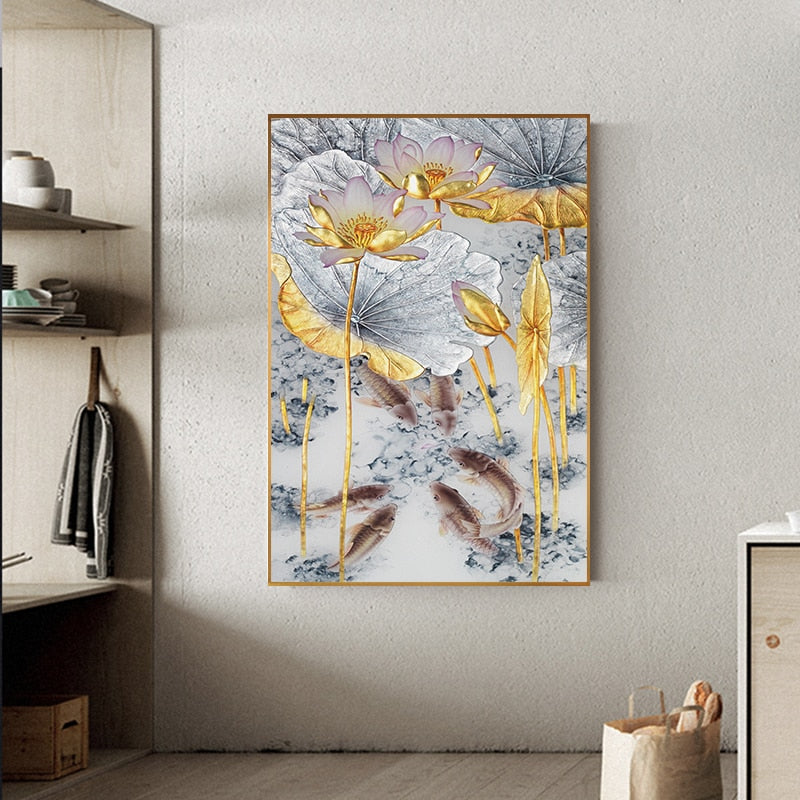 CORX Designs - Luxurious Chinese Style Abstract Gold Lotus Carp Canvas Art - Review