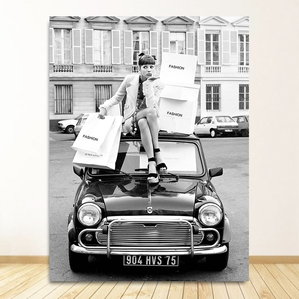 CORX Designs - Black and White Vintage Retro Car Fashion Girl Canvas Art - Review