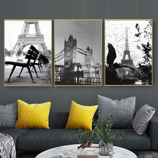 CORX Designs - Black and White Brooklyn Bridge London Bridge Eiffel Tower Canvas Art - Review
