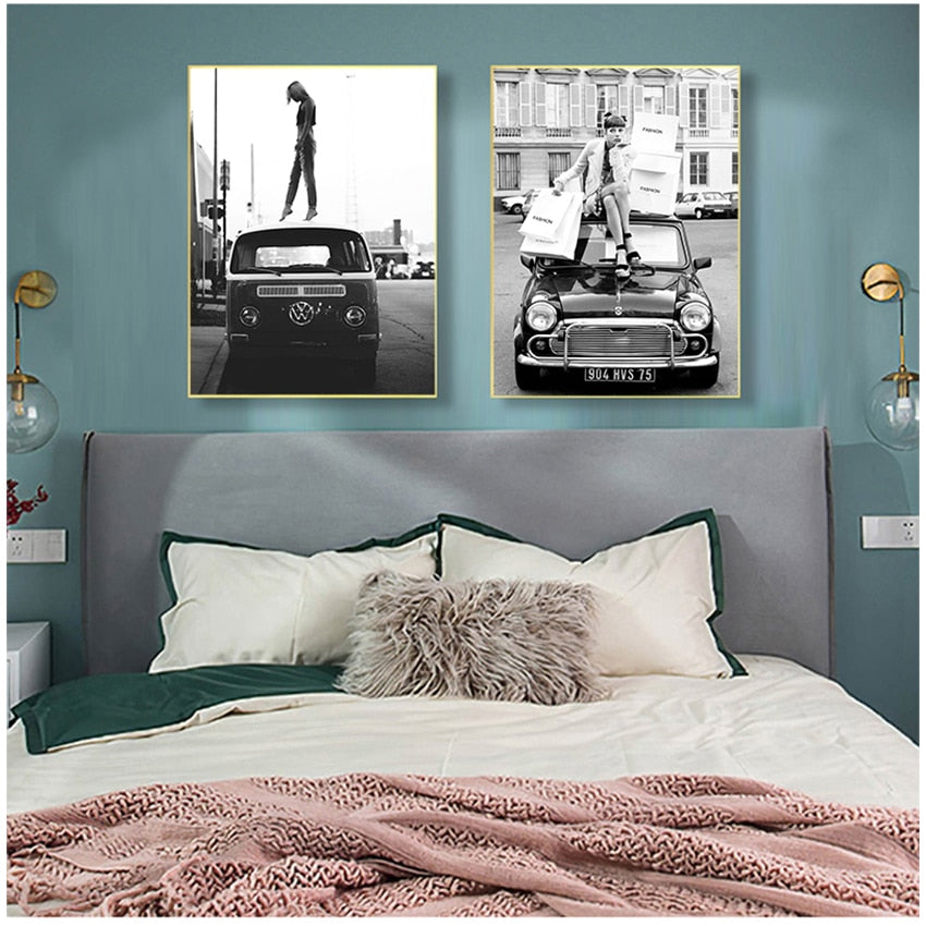 CORX Designs - Black and White Vintage Retro Car Fashion Girl Canvas Art - Review