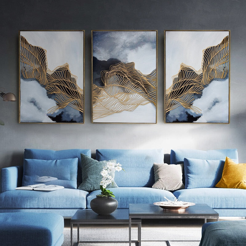 CORX Designs - Blue Smoke Abstract Gold Line Canvas Art - Review