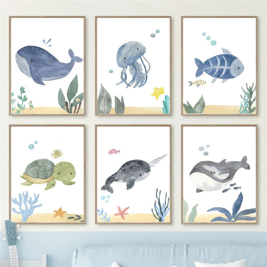 CORX Designs - Watercolor Whale Fish Jellyfish Sea Turtle Nursery Wall Art Canvas - Review