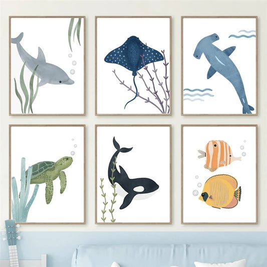 CORX Designs - Whale Dolphin Sea Turtle Fish Coral Nursery Room Canvas Art - Review
