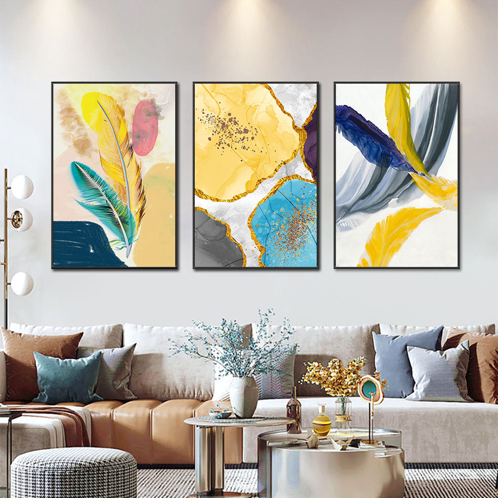 CORX Designs - 3 Panel Abstract Yellow Blue Feather Wall Art Canvas - Review