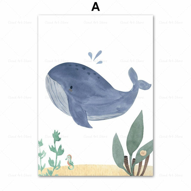 CORX Designs - Watercolor Whale Fish Jellyfish Sea Turtle Nursery Wall Art Canvas - Review