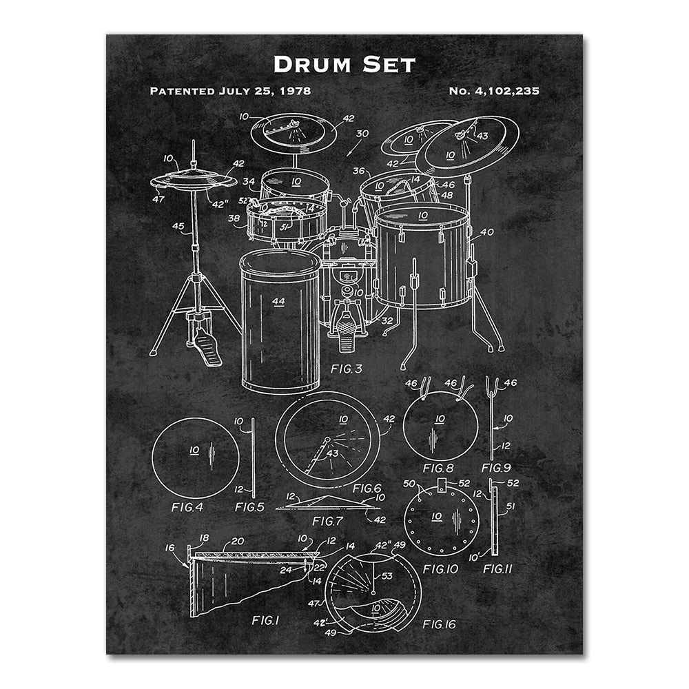CORX Designs - Drum Set Music Instrument Patent Blueprint Canvas Art - Review