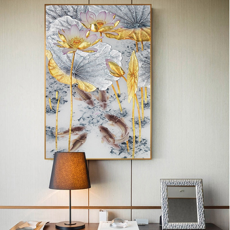 CORX Designs - Luxurious Chinese Style Abstract Gold Lotus Carp Canvas Art - Review