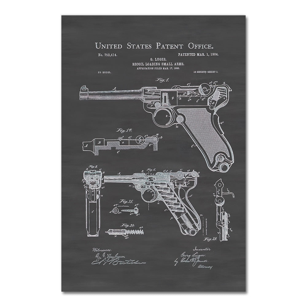 CORX Designs - Gun Luger Pistol Patent Blueprint Canvas Art - Review