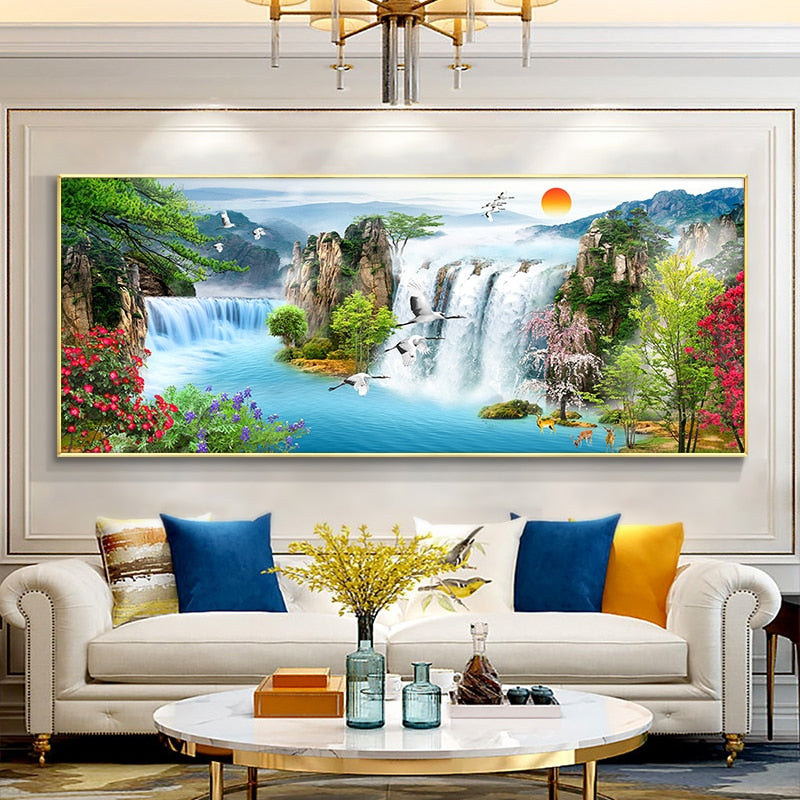 CORX Designs - Waterfall Lake Bird Sunset Landscape Painting Canvas Art - Review