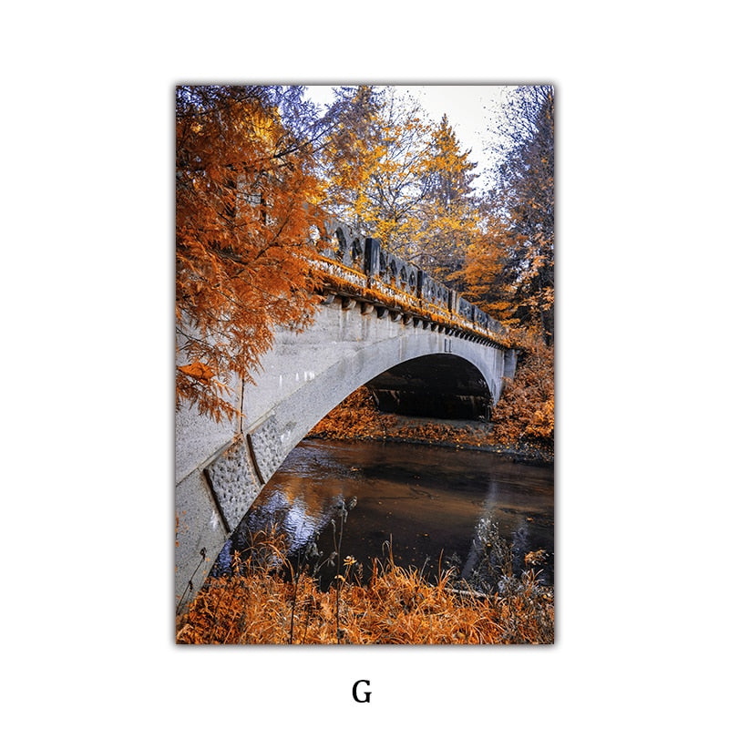 CORX Designs - Late Autumn Arch Bridge Forest Hut Leaves Canvas Art - Review