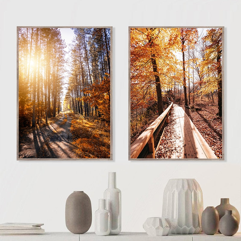 CORX Designs - Late Autumn Arch Bridge Forest Hut Leaves Canvas Art - Review